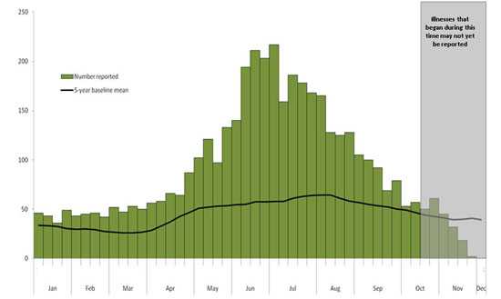 Final Epi Curve: Number of Salmonella Enteritidis cases matching PFGE pattern JEGX01.0004 reported to PulseNet, United States, 2010