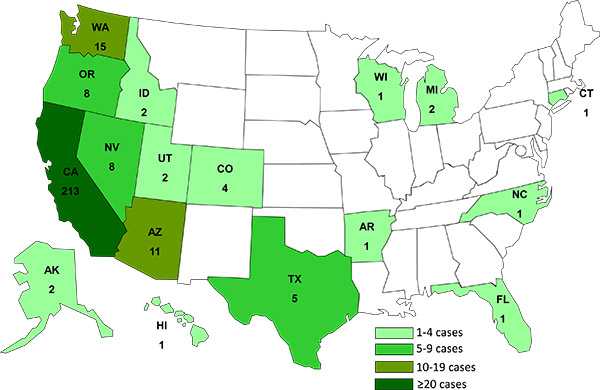 10-7-2013 Case Count Map: Persons infected with the outbreak strain of Salmonella Heidelberg, by State