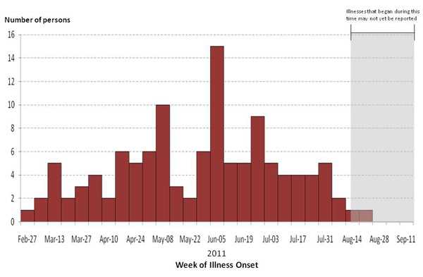 A bar graph indicating numbers of persons infected with the outbreak strains of Salmonella Heidelberg, by week of illness onset.