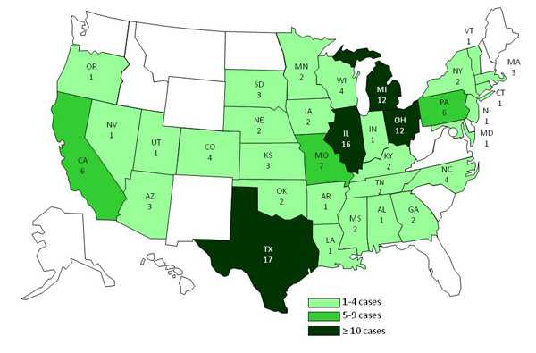 A map of the United States displaying Salmonella Heidelberg infections by state