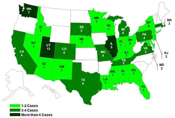 Persons Infected with the Outbreak Strain of Salmonella Typhimurium, United States, by State, as of December 21, 2009.