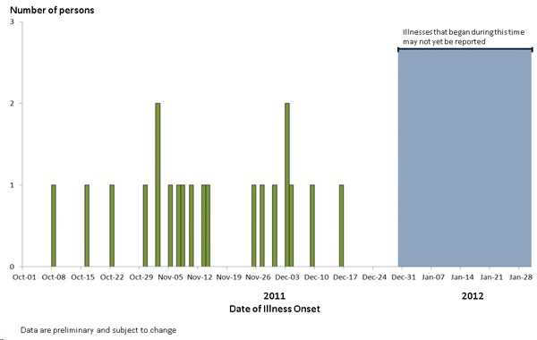 Infected with the outbreak strain of Salmonella Typhimurium by date of illness onset