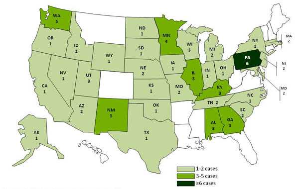 Infected with the outbreak strain of Salmonella Typhimurium, by state