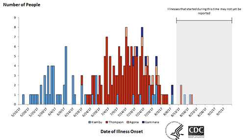 People infected with the outbreak strains of Salmonella Kiambu or Salmonella Thompson, by date of illness onset*