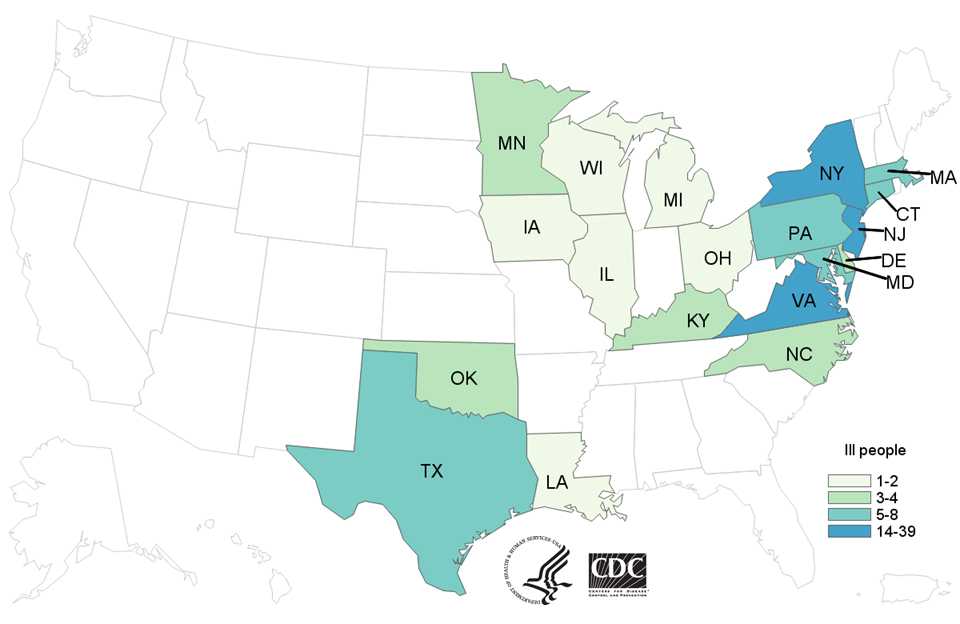 People infected with the outbreak strain of Salmonella Kiambu or Salmonella Thompson, by state of residence, as of August 9, 2017