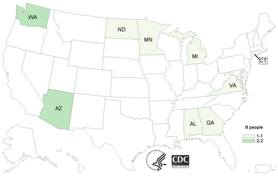 People infected with the outbreak strain of Salmonella Montevideo, by state of residence, as of March 7, 2016