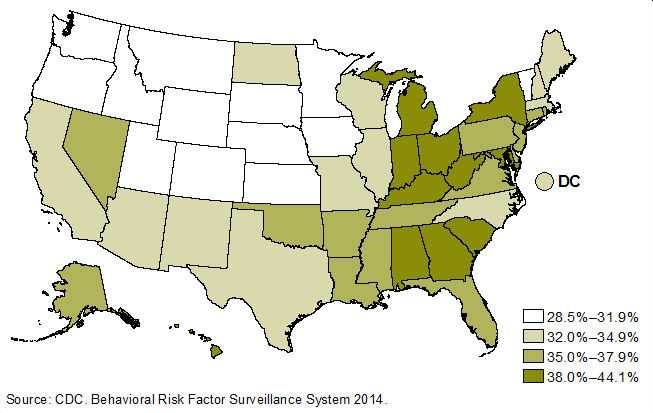 Map of age-adjusted prevalence of short sleep duration (<7 hours) in the United States in 2014 by state. State prevalences are grouped into quartiles. Lowest quartile (28.5%-31.9%): Colorado, Idaho, Iowa, Kansas, Minnesota, Montana, Nebraska, Oregon, South Dakota, Utah, Vermont, Washington, Wyoming. Second quartile (32.0%-34.9%): Arizona, California, District of Columbia, Illinois, Maine, Massachusetts, Missouri, New Hampshire, New Mexico, North Carolina, North Dakota, Texas, Wisconsin. Third quartile (35.0%-37.9%): Alaska, Arkansas, Connecticut, Delaware, Florida, Louisiana, Mississippi, Nevada, New Jersey, Oklahoma, Pennsylvania, Rhode Island, Tennessee, Virginia. Highest quartile (38.0%-44.1%): Alabama, Georgia, Hawaii, Indiana, Kentucky, Maryland, Michigan, New York, Ohio, South Carolina, West Virginia. Geographic clustering of the highest prevalence of short sleep duration was observed in the southeastern United States and in states along the Appalachian Mountains, and the lowest prevalence was observed in the Great Plains states.