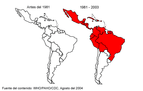 Mapa: países americanos con casos de dengue hemorrágico confirmados por laboratorios (áreas sombreadas en rojo) antes de 1981 y entre 1981 y 2003