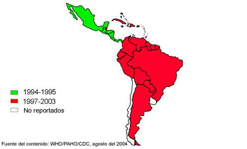 Mapa: presencia del DEN-3 en el continente americano entre 1994 y 2003