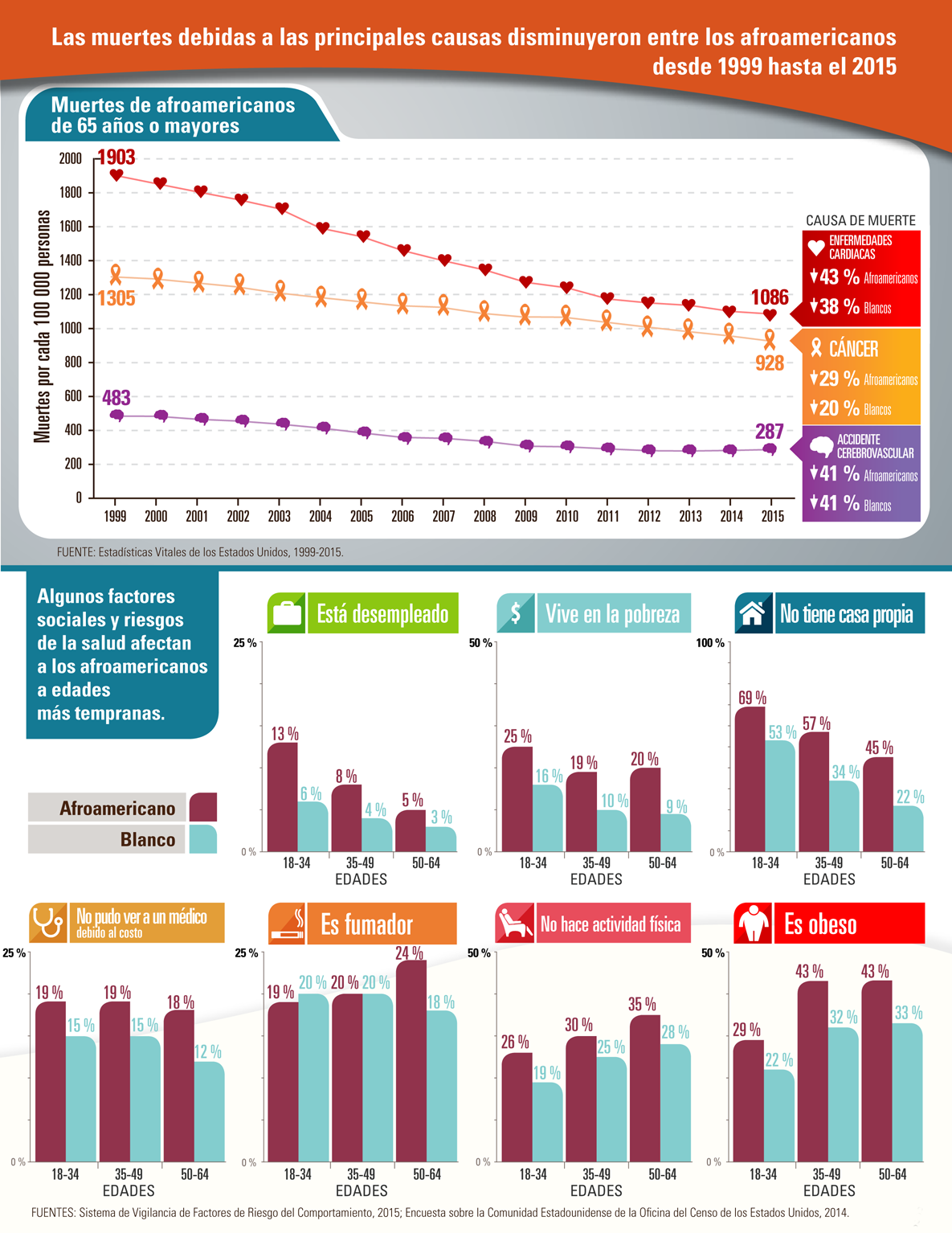 Infografía: Las muertes debidas a las principales causas disminuyeron entre los afroamericanos desde 1999 hasta el 2015.