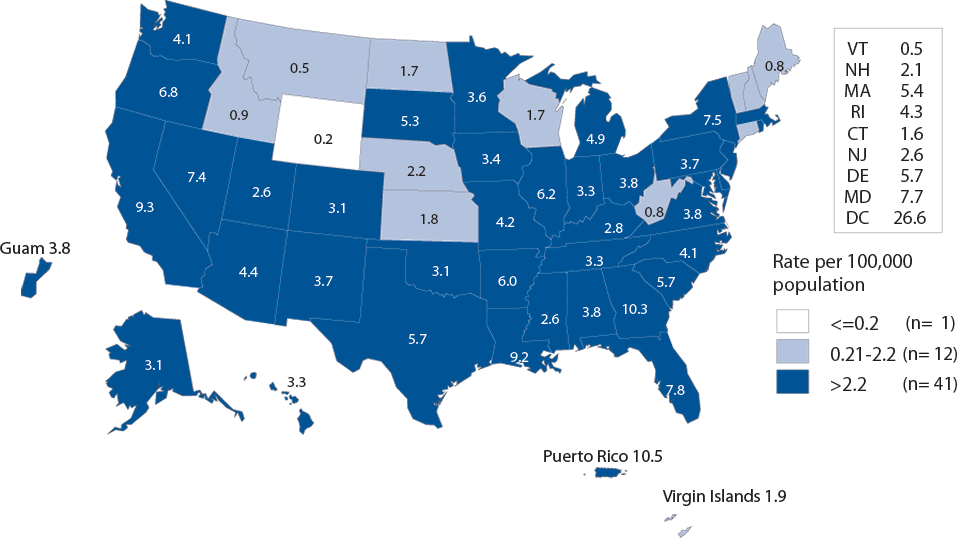 Figure 34. Primary and Secondary Syphilis — Rates of Reported Cases by State, United States and Outlying Areas, 2013