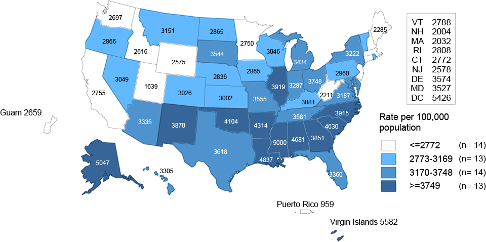 Figure H: Chlamydia — Rates of Reported Cases Among Women 15–24 Years of Age by State, United States and Outlying Areas, 2014