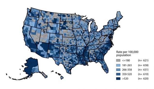 Figure 16. United States map showing rates of reported cases of gonorrhea in 2016 by county. Data for top 70 counties and independent cities ranked by number of reported cases and then by rate provided in table 20.