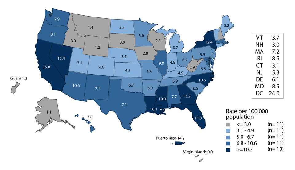 Figure 32. United States map showing rates of reported cases of primary and secondary syphilis in 2016 by state and outlying Areas (Guam, Puerto Rico, and Virgin Islands). Data provided in table 27.