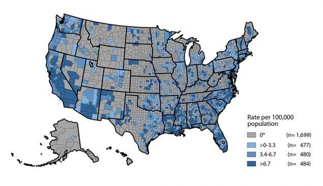 Figure 33. United States map showing rates of reported cases of primary and secondary syphilis in 2016 by county. Data for top 70 counties and independent cities ranked by number of reported cases and then by rate provided in table 33.