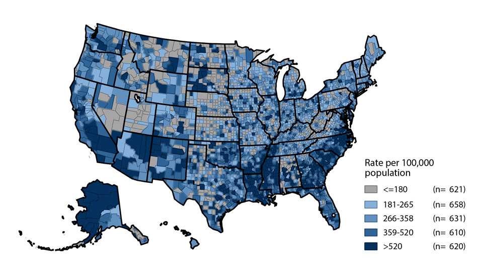 Figure 4. United States map showing rates of reported cases of chlamydia in 2016 by county. Data for top 70 counties and independent cities ranked by number of reported cases and then by rate provided in table 9.