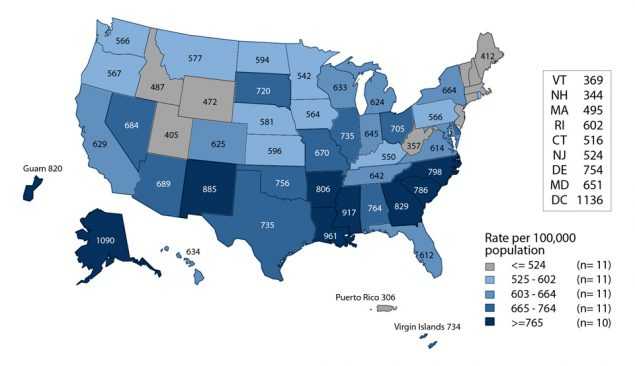 Figure D. United States map showing rates of reported cases of chlamydia among women in 2016 by state and outlying areas (Guam, Puerto Rico, and Virgin Islands). Data provided in table 4.