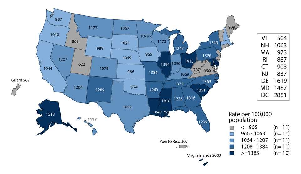 Figure K. United States map showing rates of reported cases of chlamydia among men aged 15 to 24 years in 2016 by state and outlying areas (Guam, Puerto Rico, and Virgin Islands). The data represented in this figure can be downloaded at www.cdc.gov/std/stats16/figures/OtherFigureData.zip.