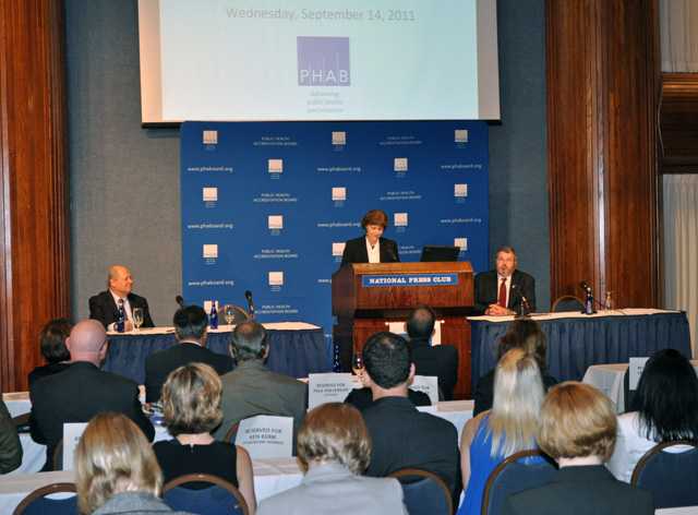 Judy Monroe speaking at the launch of accreditation on September 14, 2011 at the National Press Club. Also pictured: Jim Marks, MD, RWJF; Paul Halverson, DrPH, state health official, AR: and PHAB board of directors.