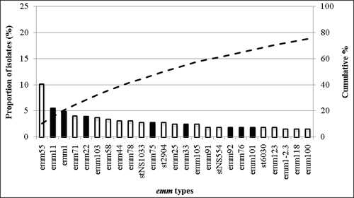 Fig 2-J: The 25 most common emm types contributing to pharyngeal disease in Pacific Island Countries/Indigenous Australians: there were a total of 65 emm types. Emm55, emm11, emm1, emm1, emm22, emm103, emm58, emm44, emm78, stNS1033, emm755, st2904, emm25, emm33, emm105, emm91, stNS554, emm92, emm75, emm101, st6030, emm123, emm1-2.3, emm118, emm100.