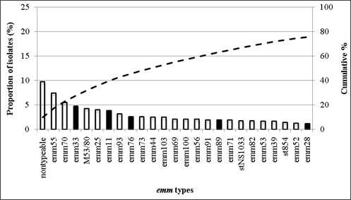 Fig 2-O: The 25 most common emm types contributing to skin disease in Pacific Island Countries/Indigenous Australians: there were a total of 73 emm types. Nontypeable, emm55, emm70, emm33, M53/80, emm25, emm11, emm93, emm76, emm73, emm44, emm103, emm69, emm100, emm56, emm91, emm89, emm71. stNS1033, emm82, emm53, emm39, st854, emm52, emm28.