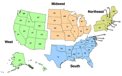 Census Region Image Map, Census Region Selector