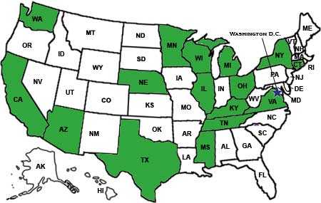 Image map of the United States of America showing World TB Day activities by state; text only version available above.