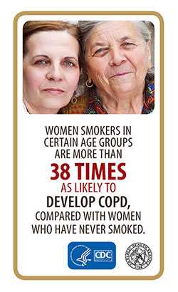 Image of two women with the caption reading: Women Smokers in certain age groups are more than 38 times as likely to develop COPD, compared withwomen who have never smoked.