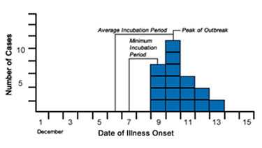 Epi curve depicting Cases of Shiga toxin-producing E coli by date of onset, Port Yourtown, December 2011. Epi curve identifies the peak of onset on the December 10th, the average incubation from December 6th to 10th, and the minimum incubation period from December 7th to 9th.