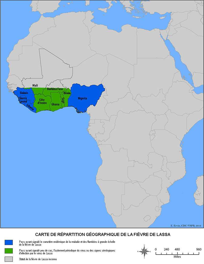 Carte de répartition géographique de la fièvre de Lassa. Les pays signalant le caractère endémique de la maladie et des flambées à grande échelle sont la Guinée, la Sierra Leone, le Liberia et le Nigeria. Les pays déclarant peu de cas, l’isolement périodique du virus ou des signes sérologiques d’infection par le virus de Lassa sont le Mali, le Burkina Faso, la Côte d’Ivoire, le Ghana, le Togo et le Bénin.