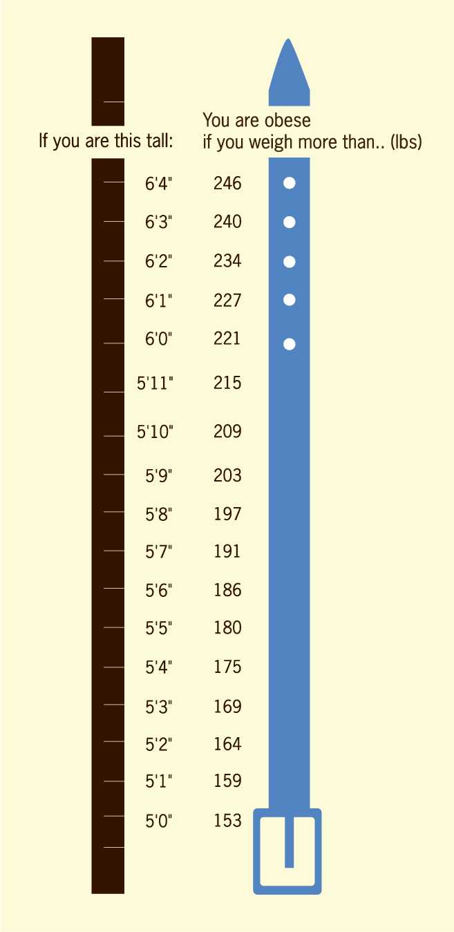 Obesity Table: You are obese if you are this tall, and weigh more than: 6’4” – 246lbs. 6’3” – 240lbs. 6’2” – 234lbs. 6’1” – 227lbs. 6’0” – 221lbs. 5’11” – 215lbs. 5’10” – 209lbs. 5’9” – 203lbs. 5’8” – 197lbs. 5’7” – 191lbs. 5’6” – 186lbs. 5’5” – 180lbs. 5’4” – 175lbs. 5’3” – 169lbs. 5’2” – 164lbs. 5’1” – 159lbs. 5’0” – 153lbs.