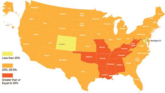 	Map: Prevalence of obesity among adults — Behavioral Risk Factor Surveillance System, United States, 2009.