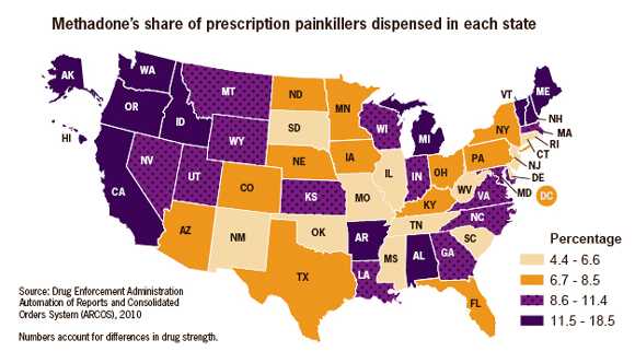 	This color-coded U.S. map shows methadone’s share of the painkillers distributed to each of the fifty states in 2010.