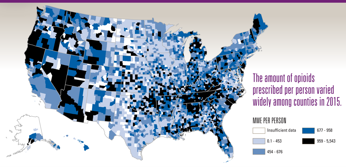 Graphic is a map of the United States, showing the amount of opioids prescribed per person by county. Amounts vary across the country, with many of the highest prescribing counties in Appalachia and parts of the Western United States