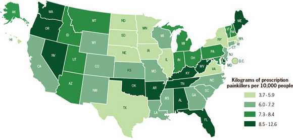 	Map: Amount of prescription painkillers sold by state per 10,000 people (2010) 