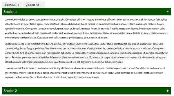 Screenshot of a page using collapsible modules to show or hide text content.