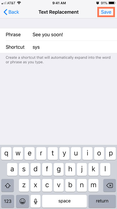 saving the phrase and shortcut