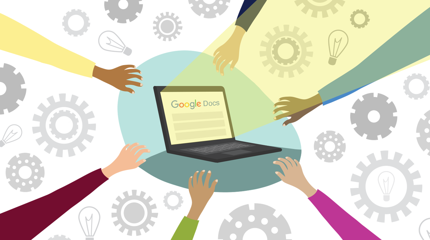 Several hands reaching towards a Google Docs page on a laptop.