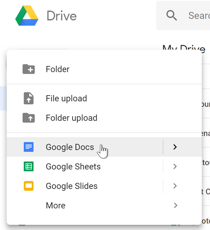 selecting Google Docs from menu