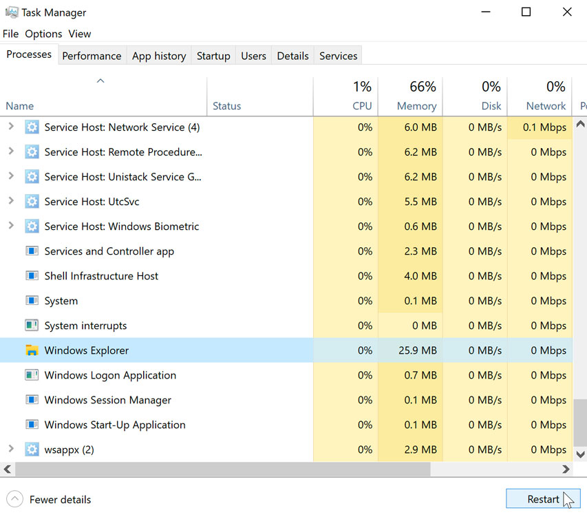restarting Windows Explorer in Windows 10