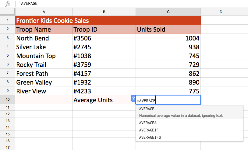 Typing the function =AVERAGE