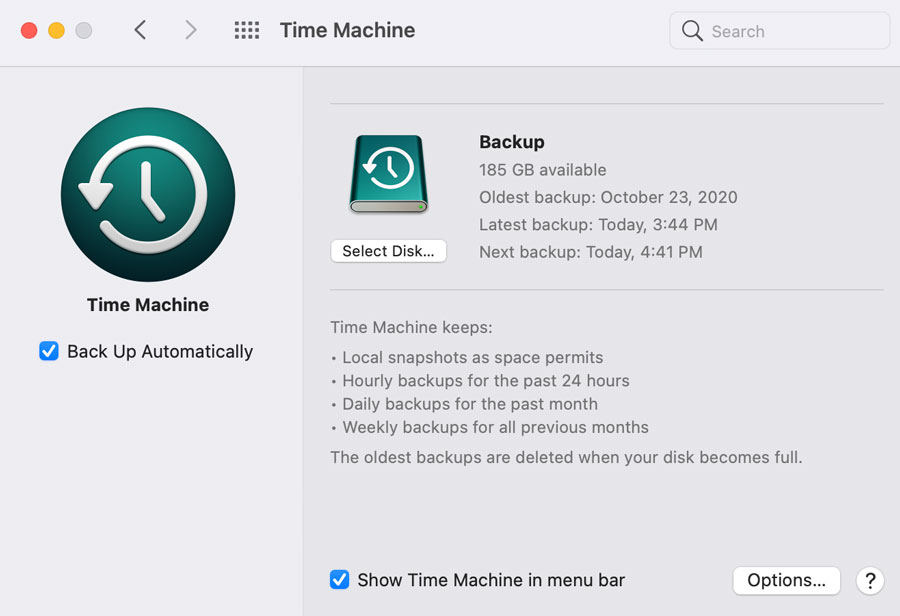 showing Time Machine for Mac OS 11
