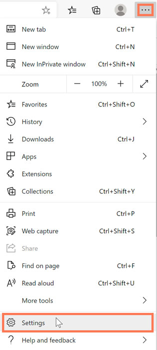 selecting Settings from the More menu using Microsoft Edge