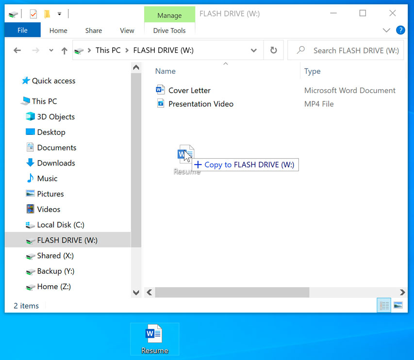 file copied from desktop to the flash drive window