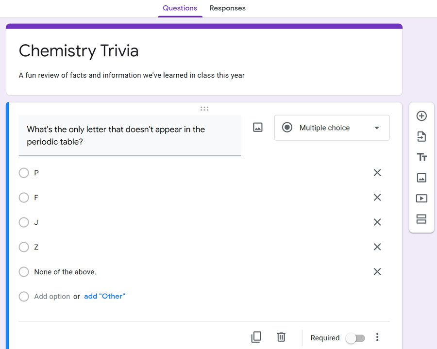 creating questions in Google Forms