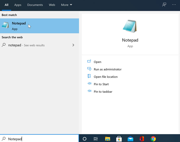 searching for Notepad in Windows