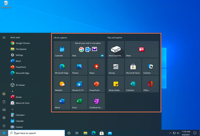 the Start menu in Windows 10