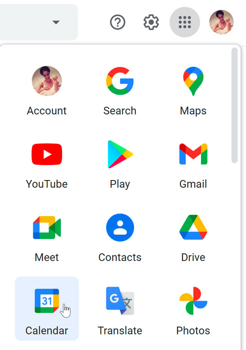 Google Calendar button on the Google Apps menu