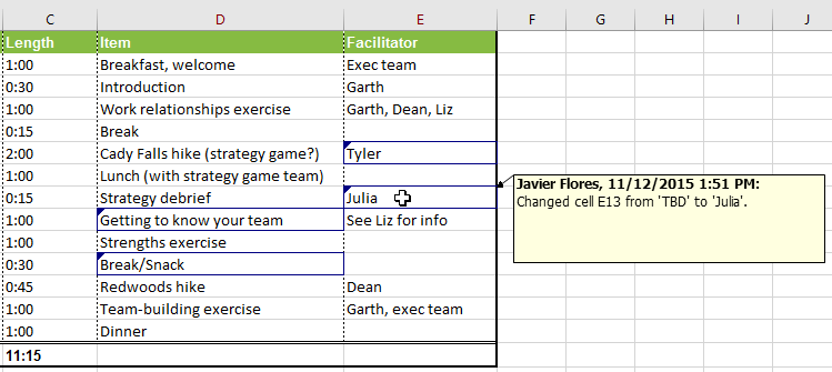 Changes in an Excel worksheet