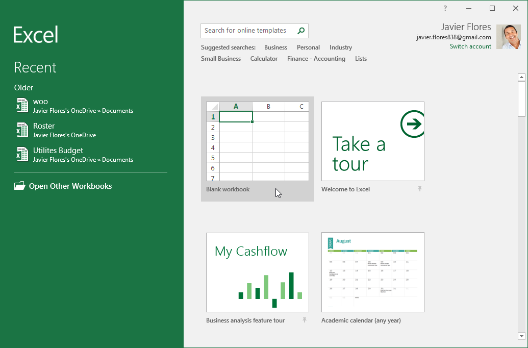The Excel Start screen